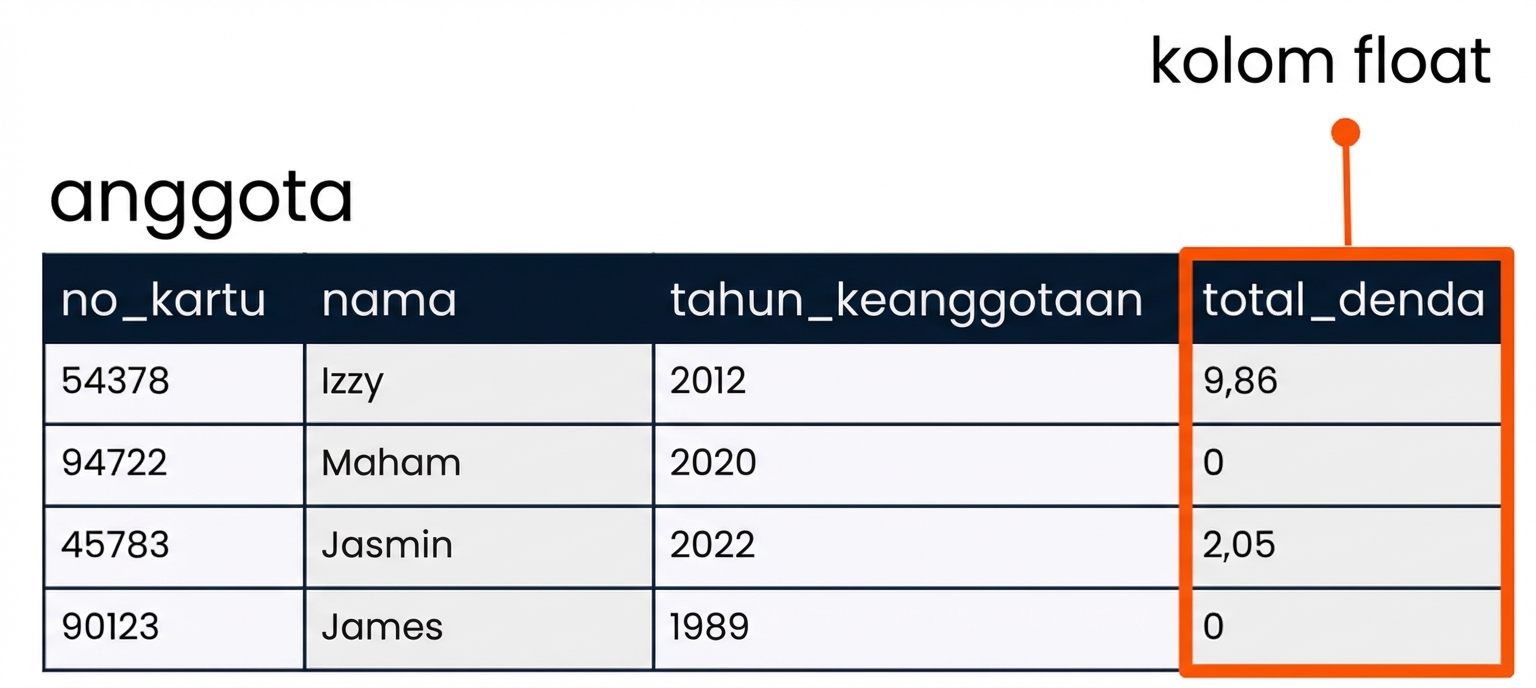 tabel patrons dengan kolom total_fine disorot sebagai contoh kolom pecahan
