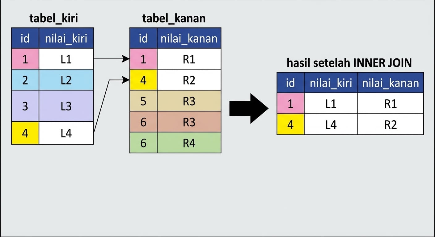 Sebuah diagram yang menampilkan dua tabel: left_table dan right_table. Hasil penggabungan kedua kueri ditampilkan di sebelah kanan, hanya menampilkan catatan yang cocok pada kolom id untuk kedua tabel.