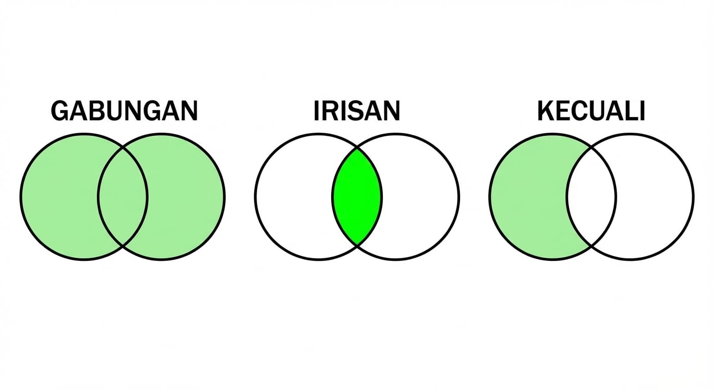 Sebuah gambar yang menampilkan tiga diagram Venn, dengan dua di antaranya memudar. Hanya diagram dengan INTERSECT yang menjadi fokus. Diagram INTERSECT memiliki dua lingkaran yang tumpang tindih, dengan bagian yang tumpang tindih diwarnai hijau.