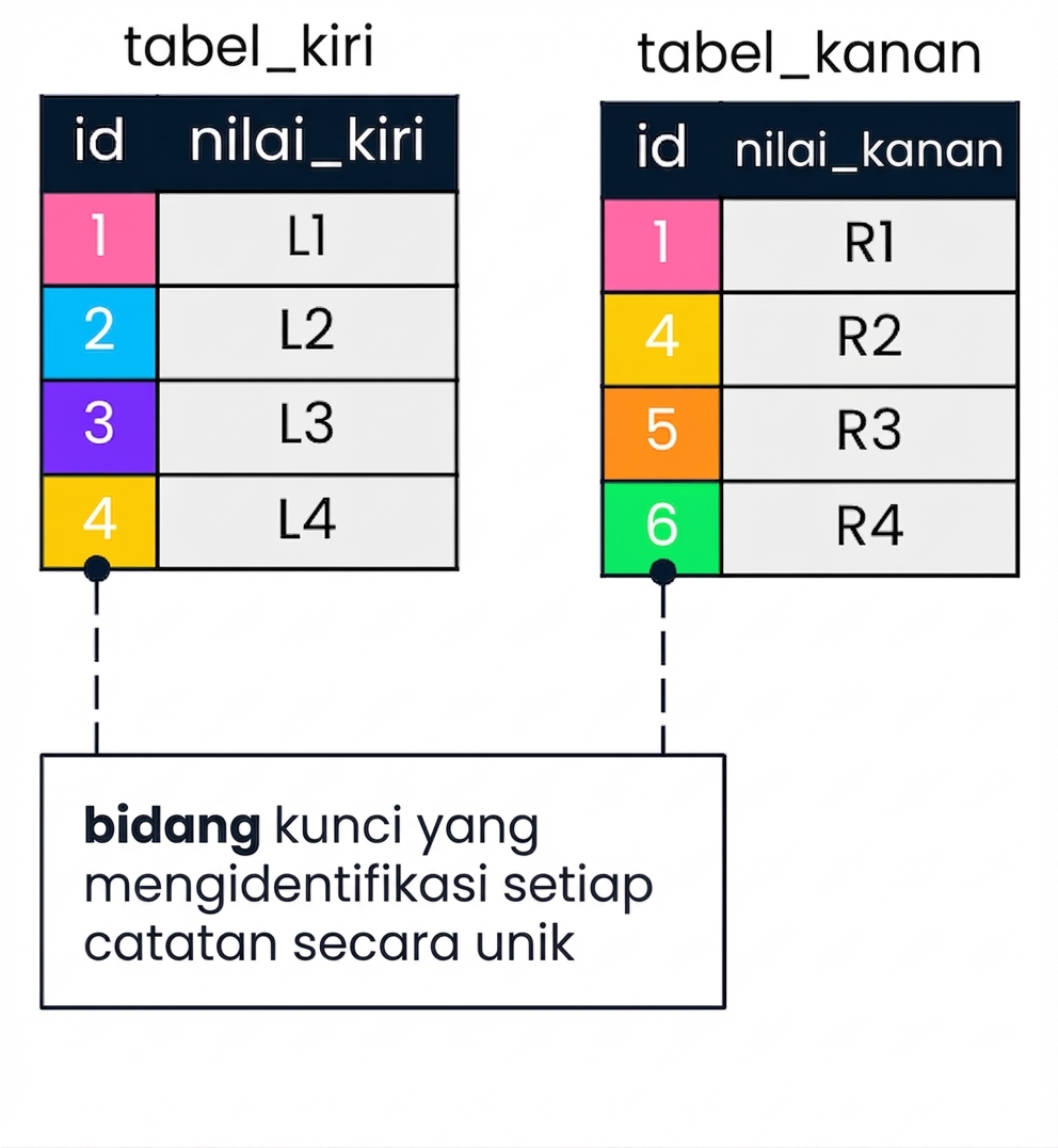 Sebuah diagram yang menunjukkan dua tabel: tabel kiri dan tabel kanan. Nilai id yang cocok di tabel kiri dan kanan ditampilkan menggunakan warna yang sama.