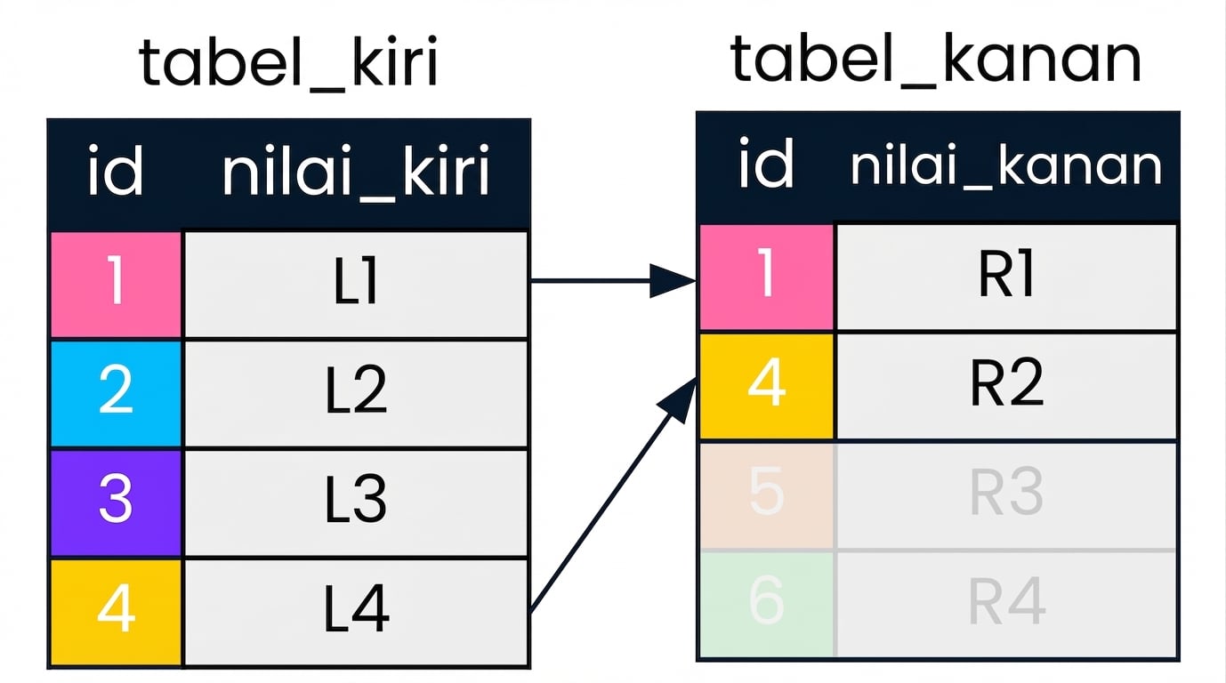 Sebuah diagram yang menunjukkan dua tabel, tabel kiri dan tabel kanan, dengan panah yang mengarah ke catatan yang cocok pada kolom id di kedua tabel. Catatan yang tidak relevan untuk join kiri telah diarsir abu-abu.