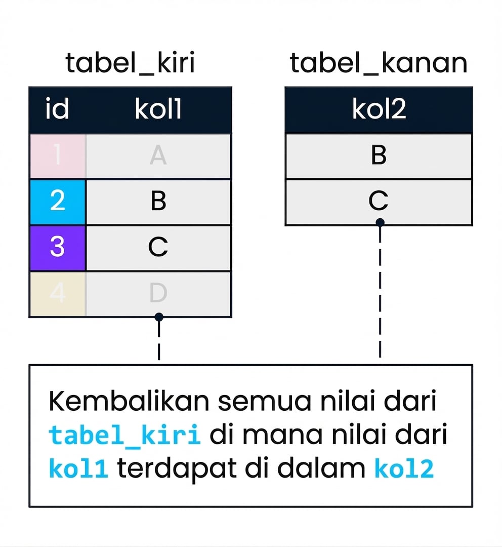 Sebuah diagram yang menunjukkan dua tabel, left_table dan right_table, yang digunakan untuk mendemonstrasikan semi join. Kolom 2 akan digunakan untuk menyaring kolom 1. Catatan dalam tabel kiri (left_table) di mana kolom 1 tidak menemukan kecocokan di kolom 2 telah diburamkan.