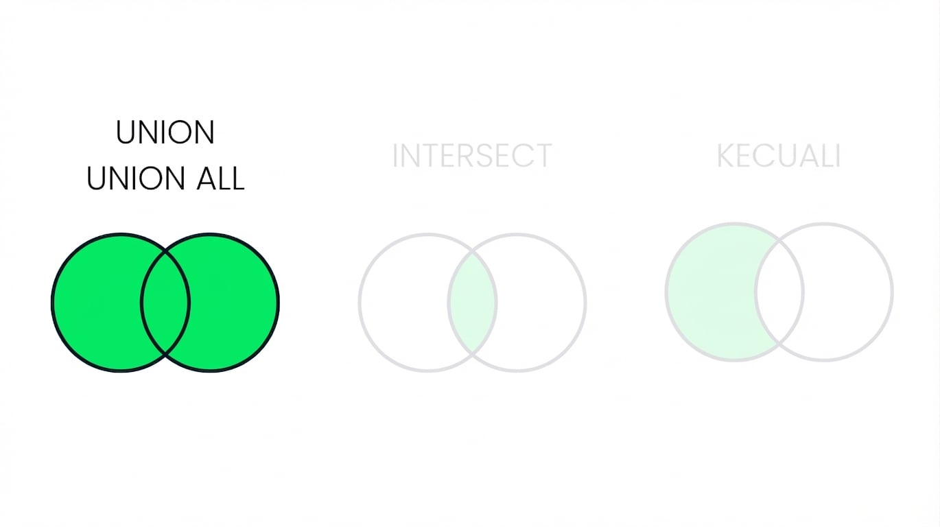 Sebuah gambar yang menampilkan tiga diagram Venn, dengan dua di antaranya diarsir. Hanya diagram dengan UNION yang menjadi fokus. Diagram UNION memiliki dua lingkaran yang tumpang tindih, sepenuhnya berwarna hijau.