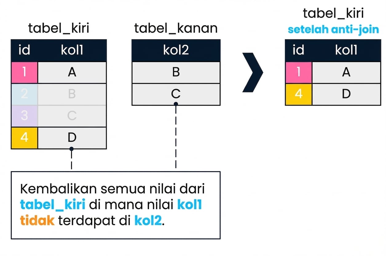 Sebuah diagram yang menunjukkan dua tabel, left_table dan right_table. Hasil dari operasi anti join pada kedua tabel ditampilkan di sebelah kanan. Hanya catatan di left_table di mana kolom 1 tidak memiliki pasangan yang cocok di kolom 2 yang telah dikembalikan. Ini sesuai dengan id 1 dan 4.