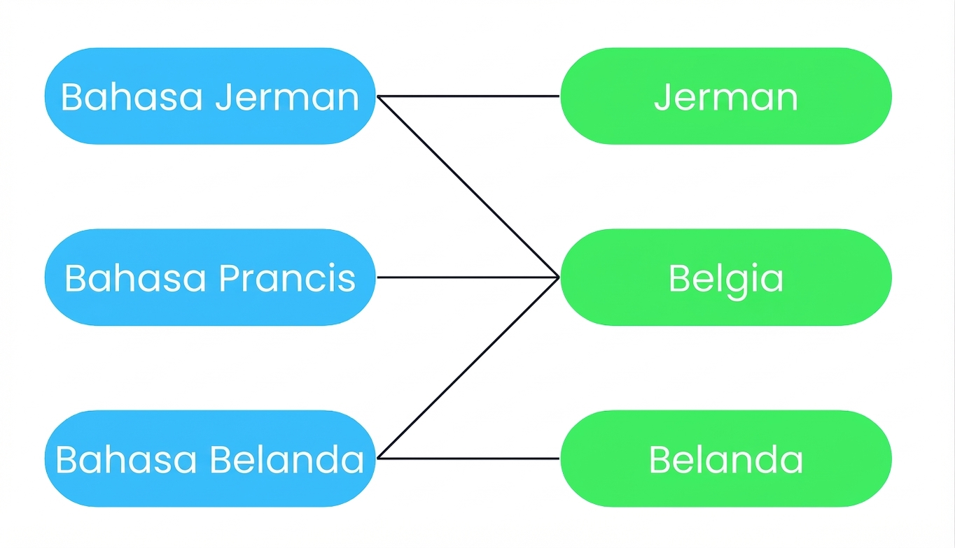 Sebuah diagram yang menunjukkan bahwa banyak bahasa dapat dikaitkan dengan banyak negara, dan banyak negara dapat dikaitkan dengan satu bahasa. Belgia memiliki tiga bahasa resmi: Perancis, Jerman, dan Belanda. Sebaliknya, bahasa dapat menjadi bahasa resmi di banyak negara: Bahasa Belanda adalah bahasa resmi di Belanda dan Belgia, tetapi bukan di Jerman.