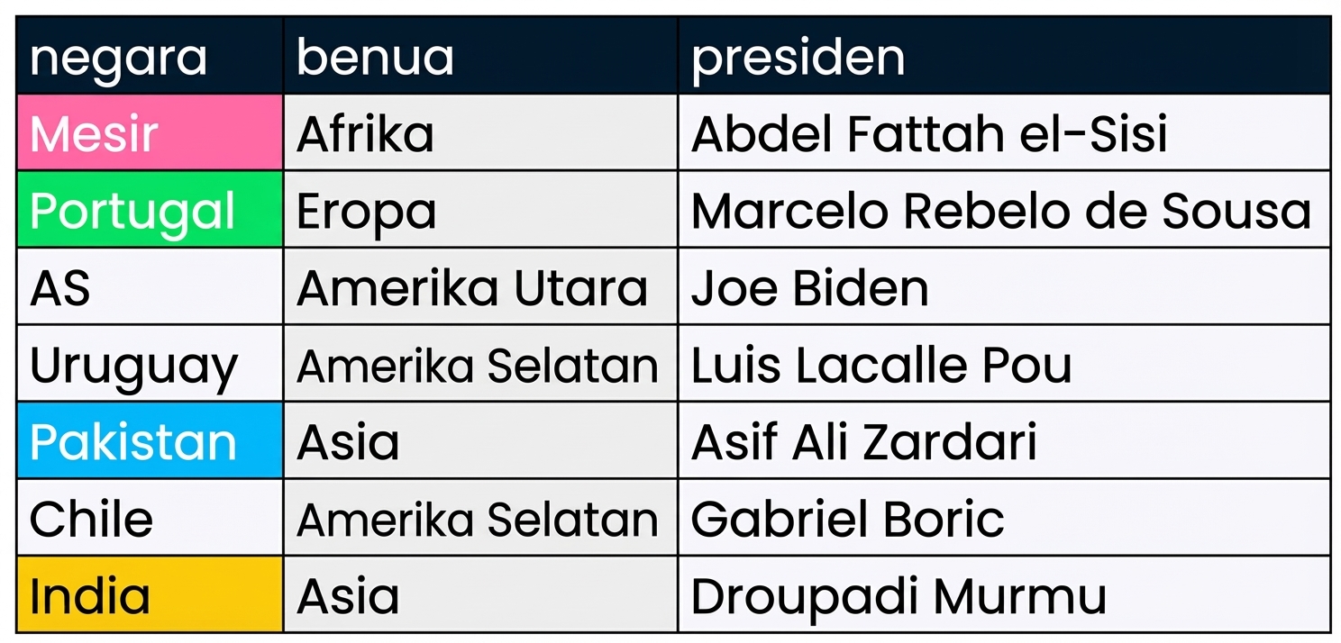 Dua tabel ditampilkan berdampingan: presiden dan perdana menteri. Kolom yang cocok diberi warna pada kedua tabel.