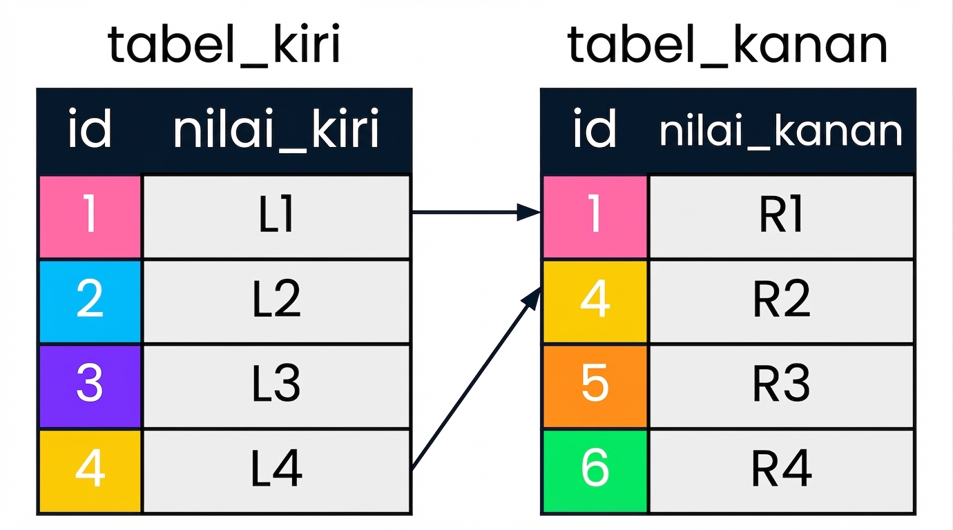 Sebuah diagram yang menampilkan dua tabel: left_table dan right_table. Nilai id yang cocok di tabel kiri dan kanan ditampilkan dengan warna yang sama dan dihubungkan dengan panah.