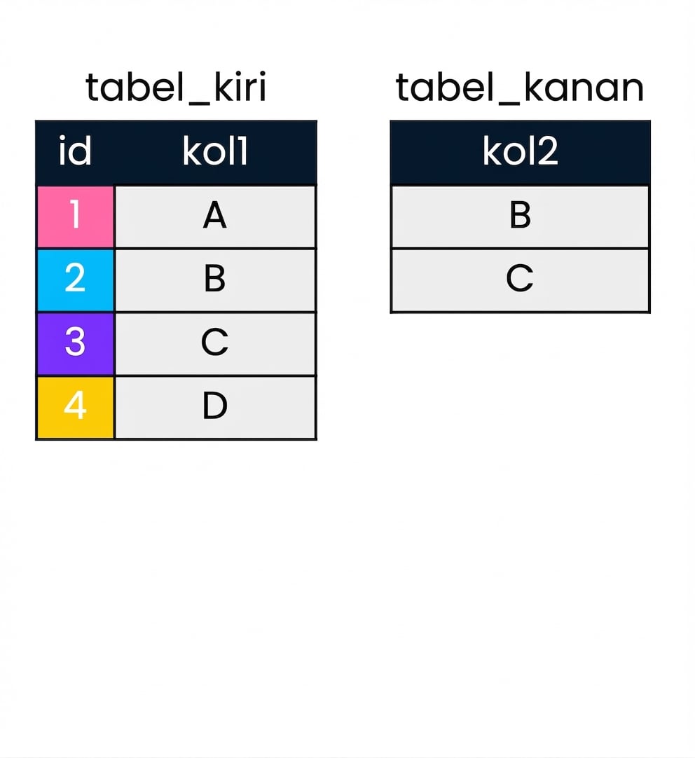 Sebuah diagram yang menunjukkan dua tabel, left_table dan right_table, yang akan digunakan untuk mendemonstrasikan semi join. left_table berisi dua kolom, id dan kolom 1. right_table hanya berisi satu kolom, kolom 2.