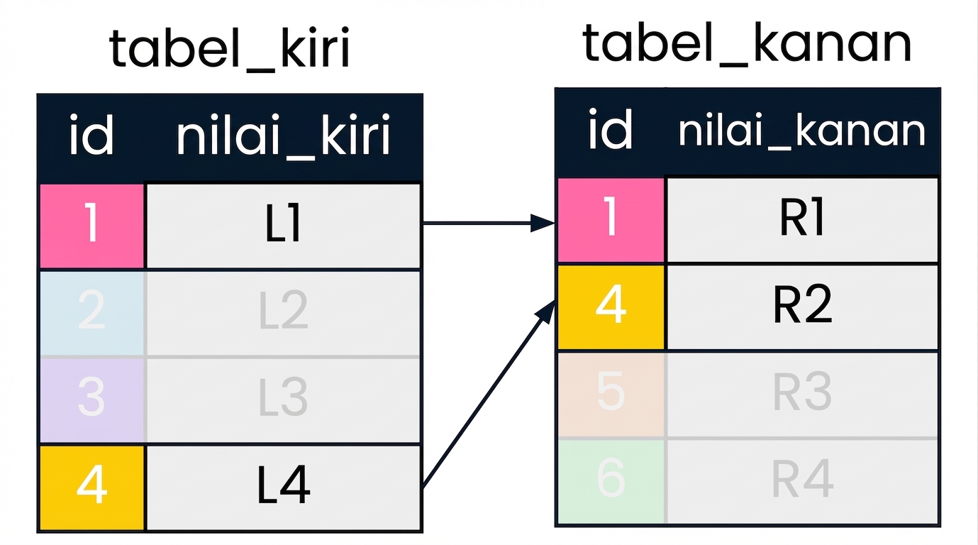 Sebuah diagram yang menampilkan dua tabel: left_table dan right_table. Nilai ID yang cocok di tabel kiri dan kanan ditampilkan menggunakan warna yang sama dan dihubungkan dengan panah. Catatan yang tidak relevan dengan INNER JOIN telah dihapus.