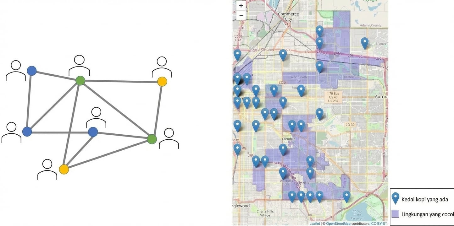 Jaringan orang dan peta dengan penanda serta wilayah berwarna