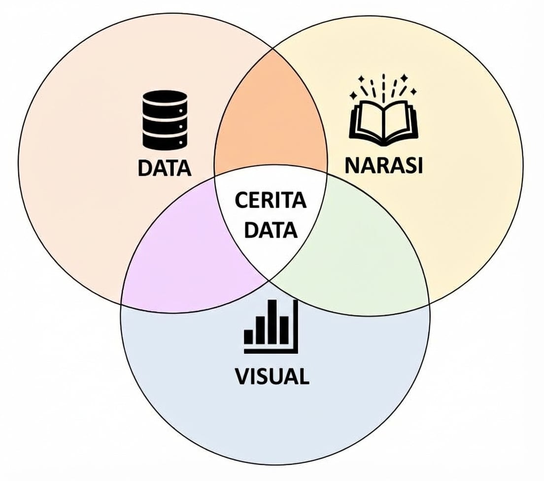 Tiga komponen penceritaan data: data, visual, dan narasi