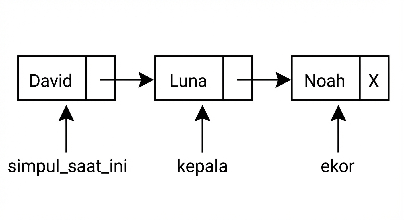 Representasi skematik queue dengan tiga elemen. Kata "head" menunjuk ke node pertama, "current_node" ke node kedua, dan "tail" ke node terakhir.