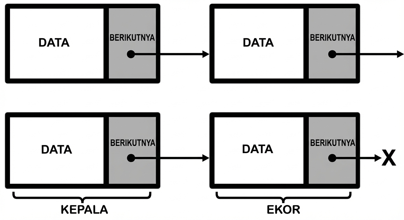 Representasi linked list dengan kata "TAIL" pada simpul terakhir.
