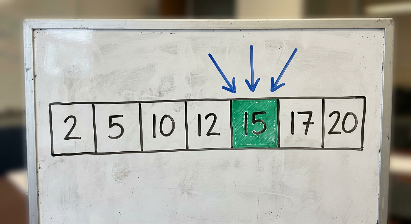 Representasi skematis daftar berisi angka terurut. Pointer middle telah dipindah dan menunjuk ke angka yang sama dengan pointer first dan last.