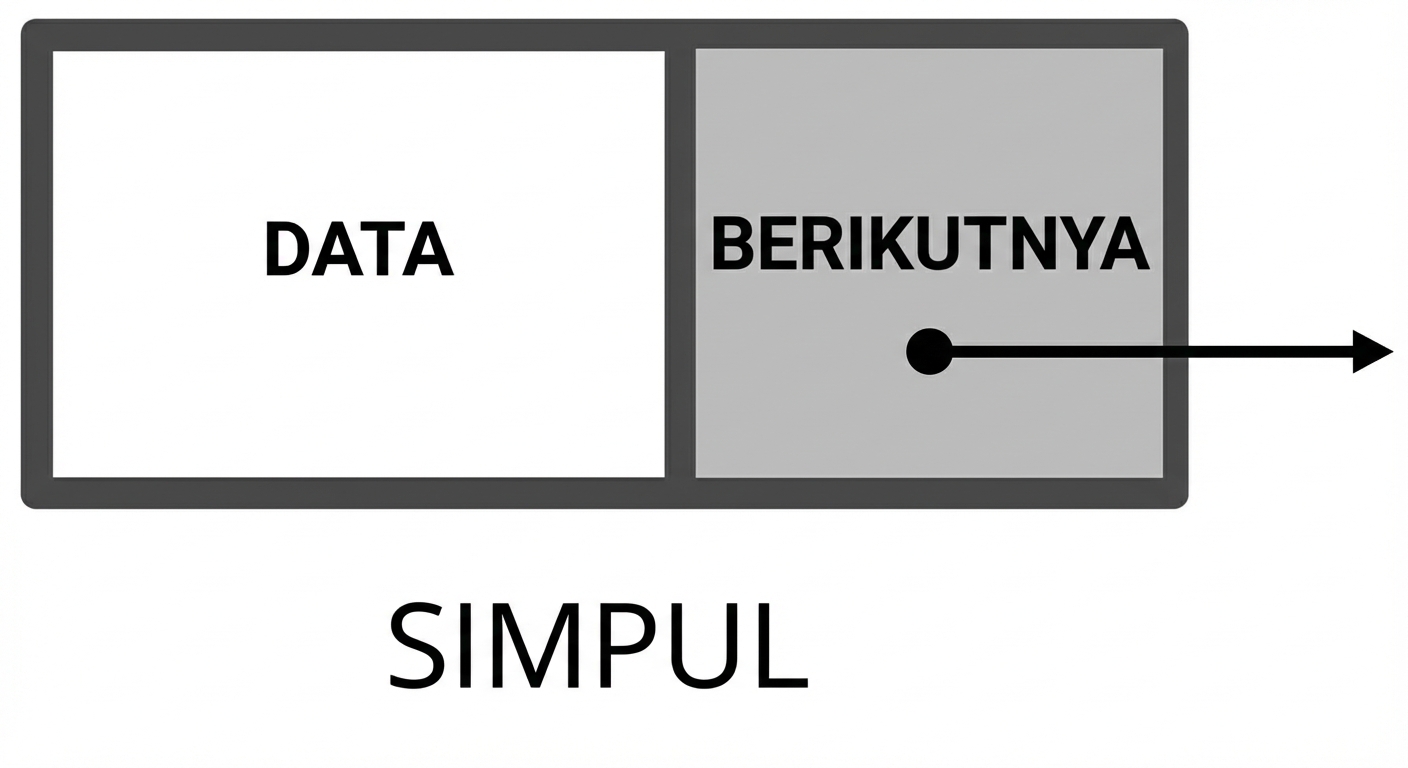 Representasi sebuah simpul pada linked list dengan kata "DATA" di bagian pertama, dan "NEXT" dengan penunjuk di bagian kedua.