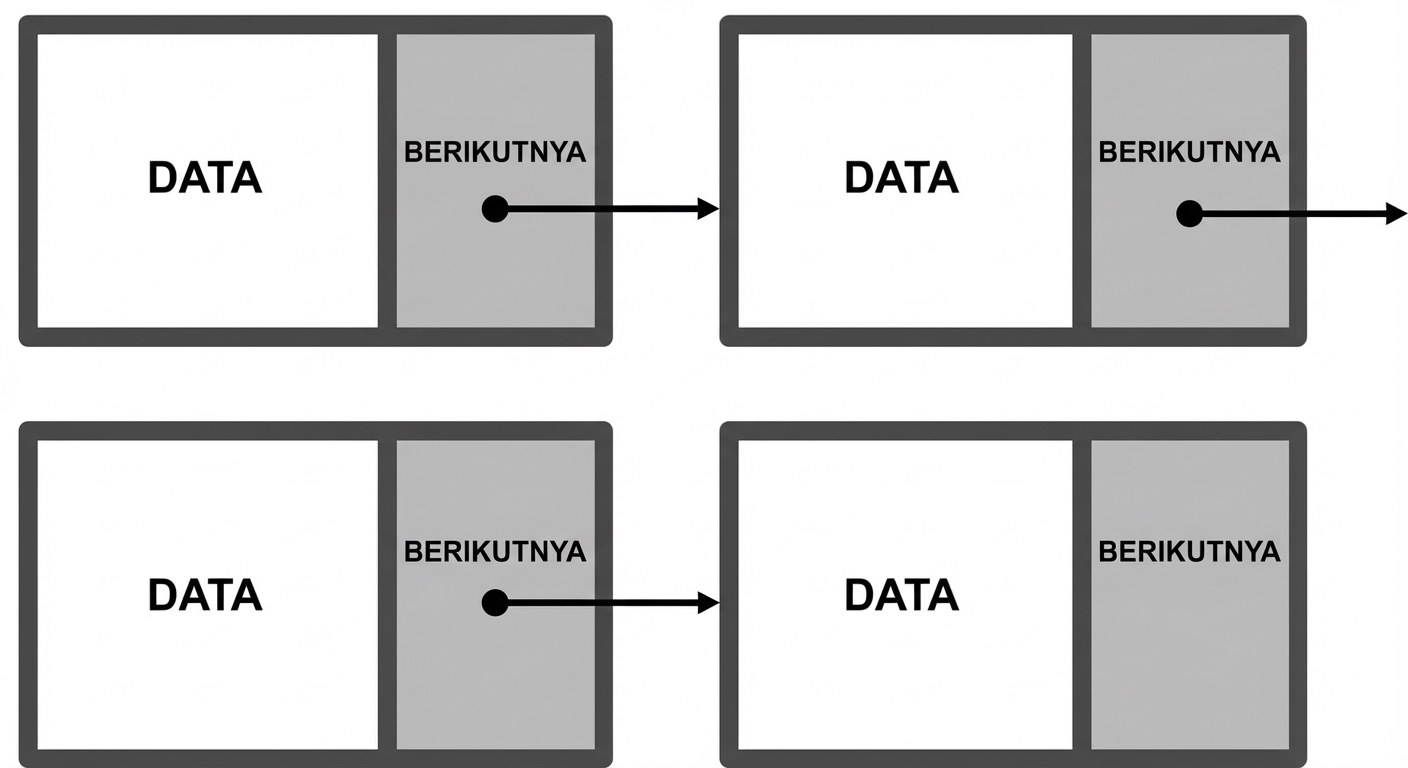 Representasi beberapa simpul linked list yang saling terhubung.