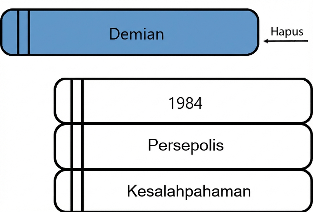 Gambar tumpukan buku dengan sebuah buku diambil dari bagian atas.