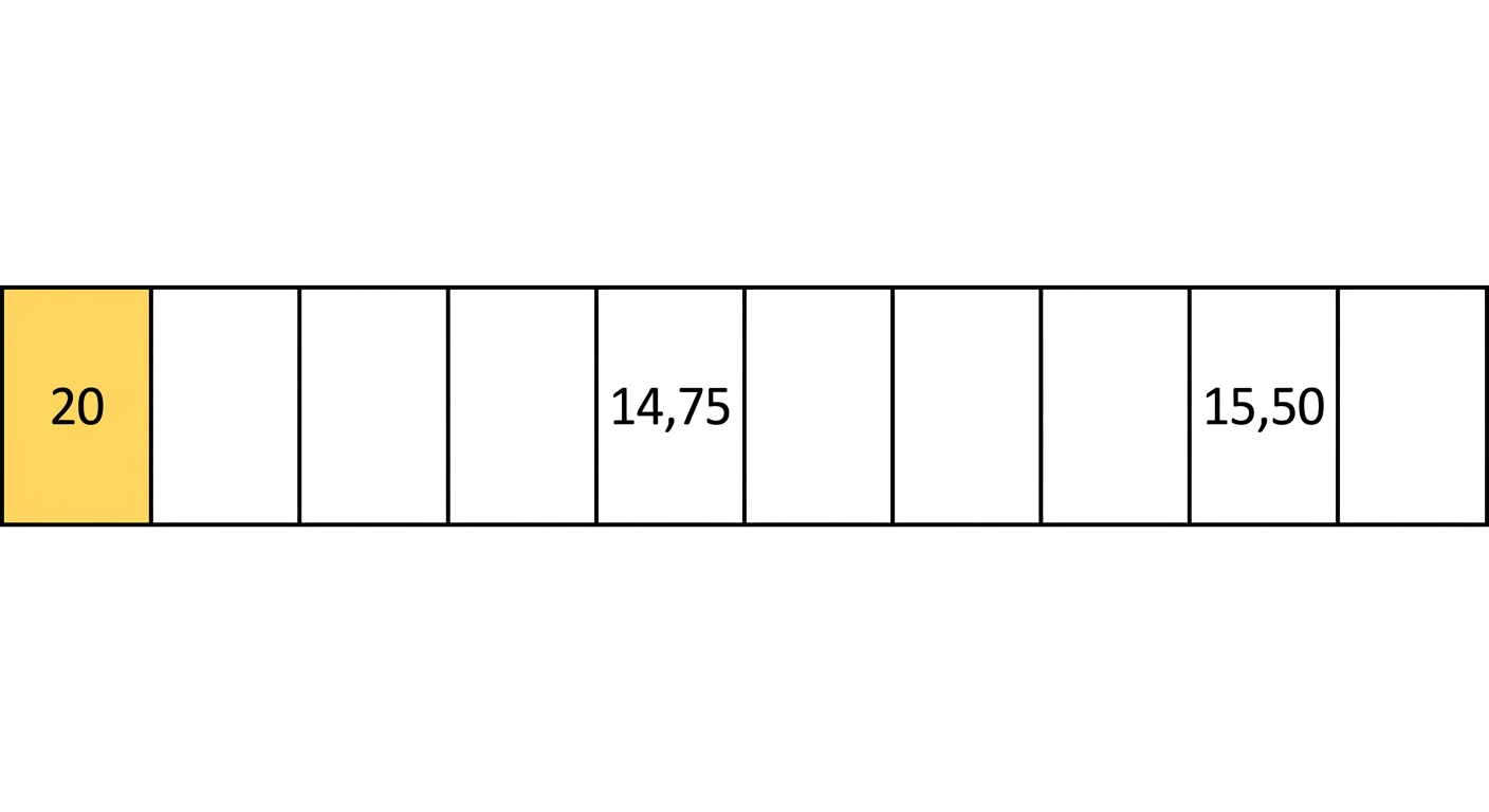 Representasi skematis tabel hash dengan beberapa nilai. Nilai pada posisi pertama berwarna kuning.