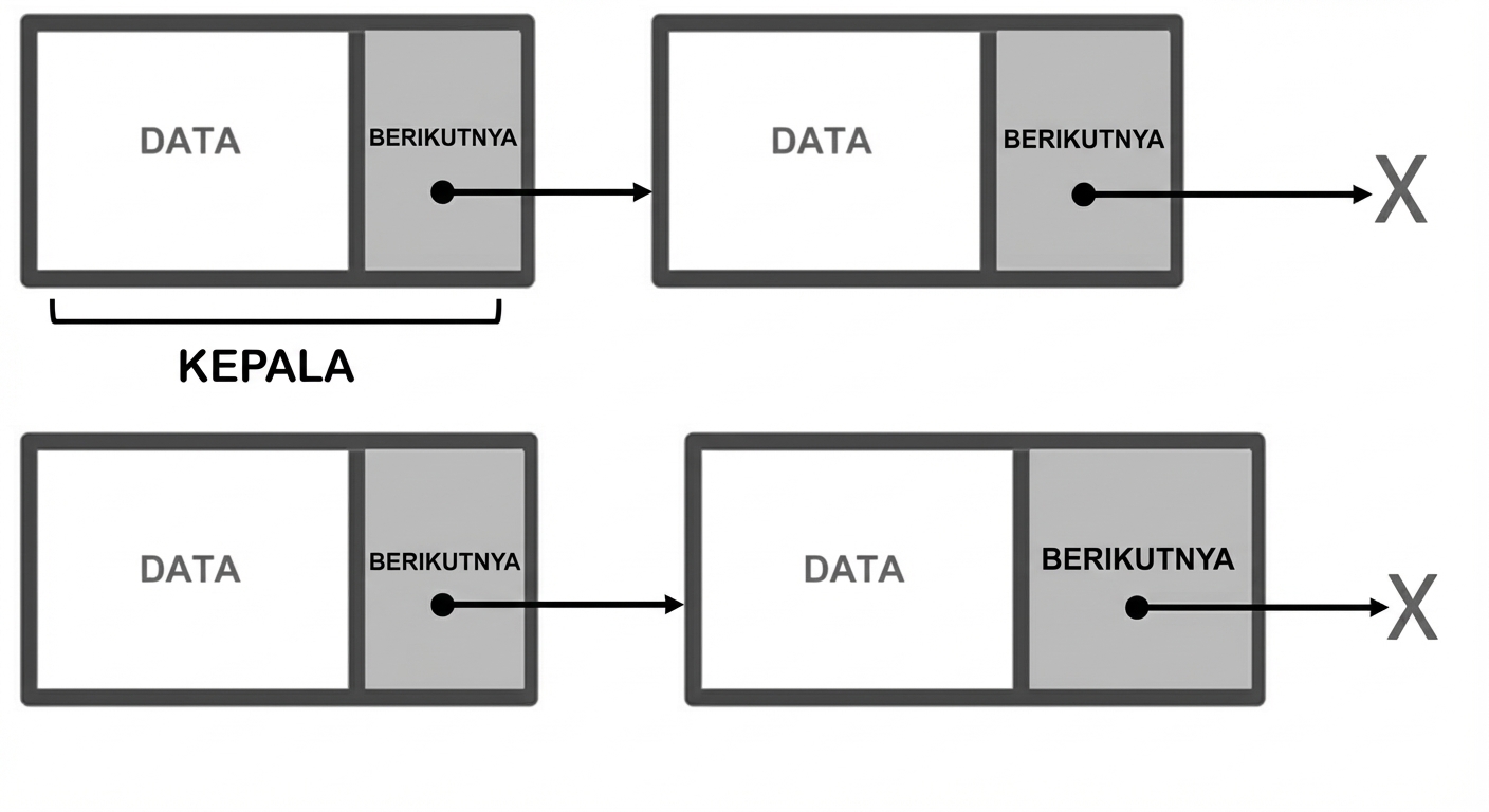 Representasi linked list dengan kata "HEAD" pada simpul pertama.
