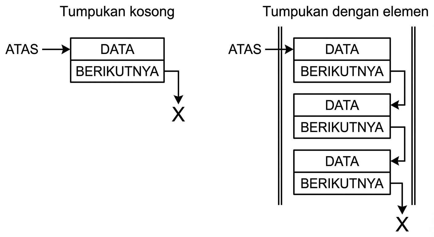 Representasi stack kosong dan stack berisi elemen dengan node baru telah disisipkan.