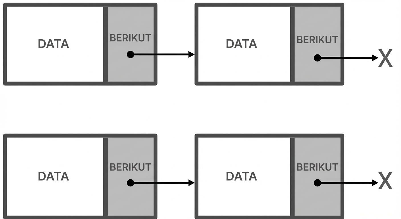 Representasi linked list di mana simpul terakhir menunjuk ke null.