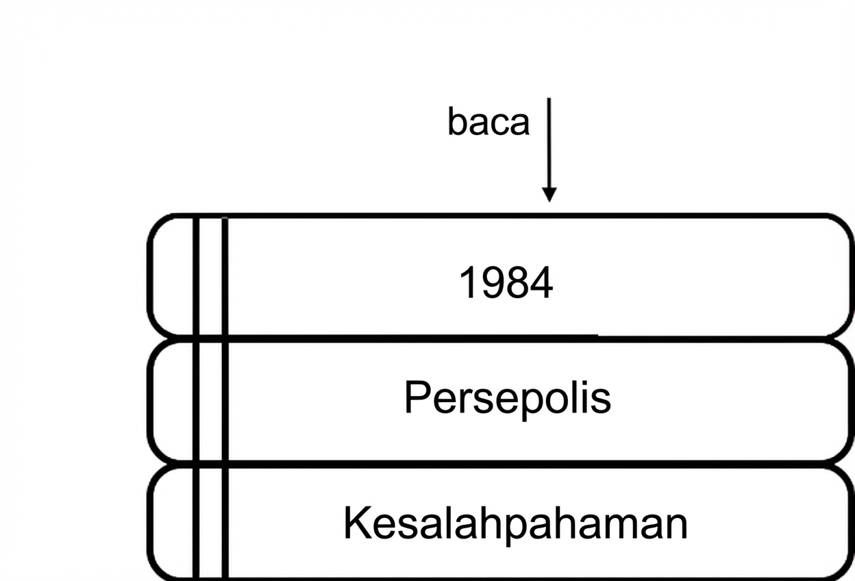 Gambar tumpukan buku dengan panah menunjuk sampul buku di bagian atas tumpukan.