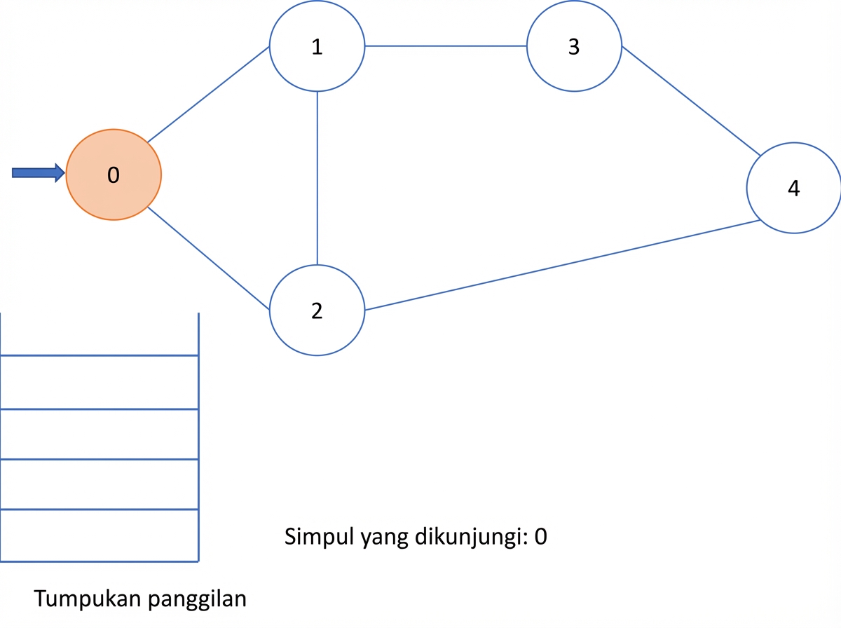 Representasi grafis penelusuran mendalam pada graf.