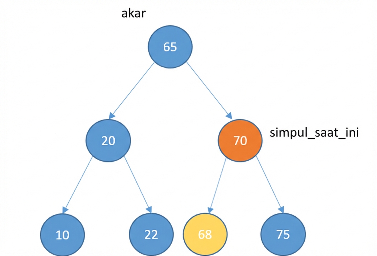 Representasi grafis simpul baru dan BST dengan beberapa elemen. current_node adalah anak kanan akar. Simpul baru adalah anak kiri current_node.