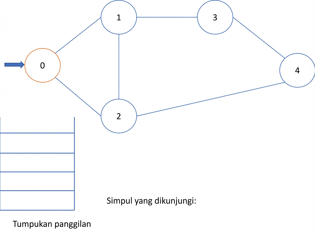 Representasi grafis penelusuran mendalam pada graf.