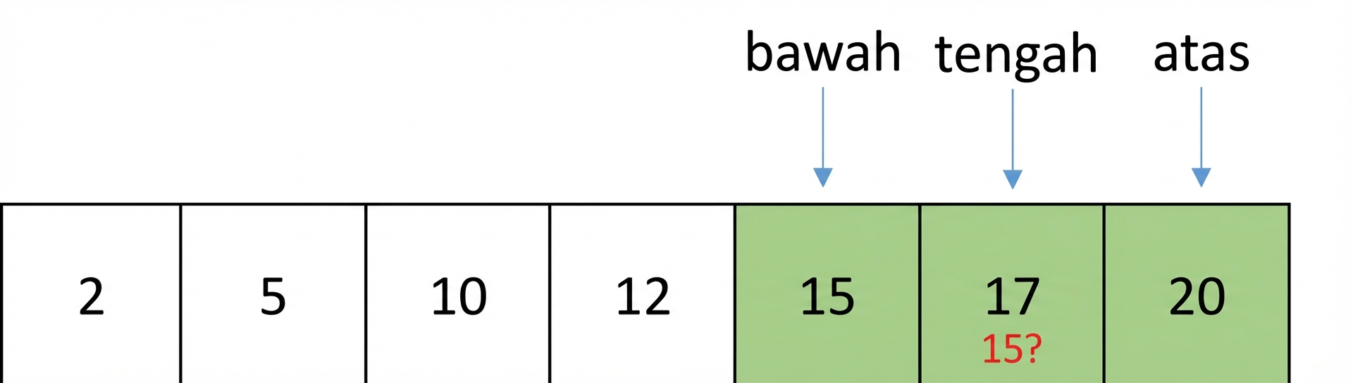 Representasi skematis daftar berisi angka terurut. Pointer middle telah berpindah dan menunjuk ke elemen di antara first dan last. Elemen antara posisi first dan middle berwarna hijau. Elemen yang ditunjuk middle, 17, akan dibandingkan dengan angka 15.