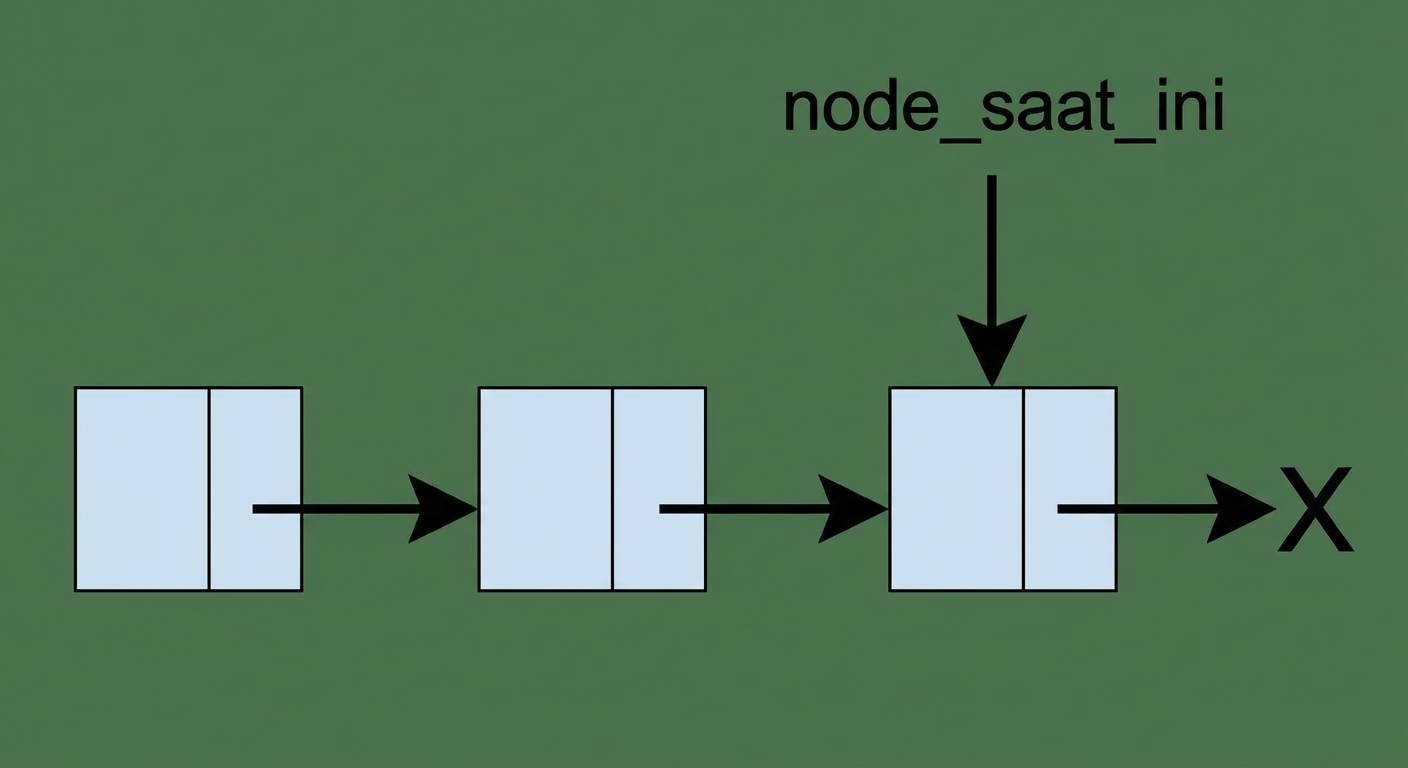 Representasi singly linked list dengan kata "current_node" menunjuk ke simpul ketiga.