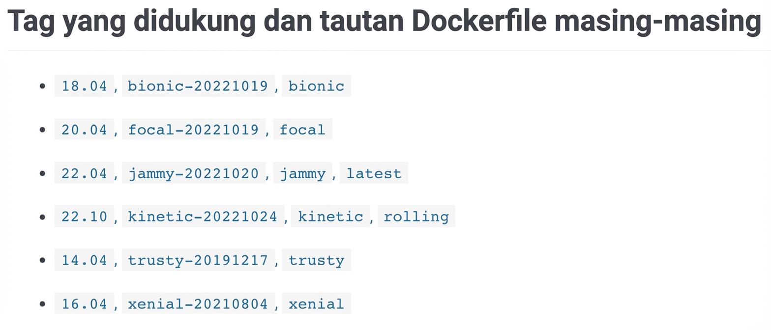 Docker Image memiliki banyak versi atau tag; contoh ini menampilkan 6 versi image Ubuntu, mis. 18.04 yang juga bertag bionic.