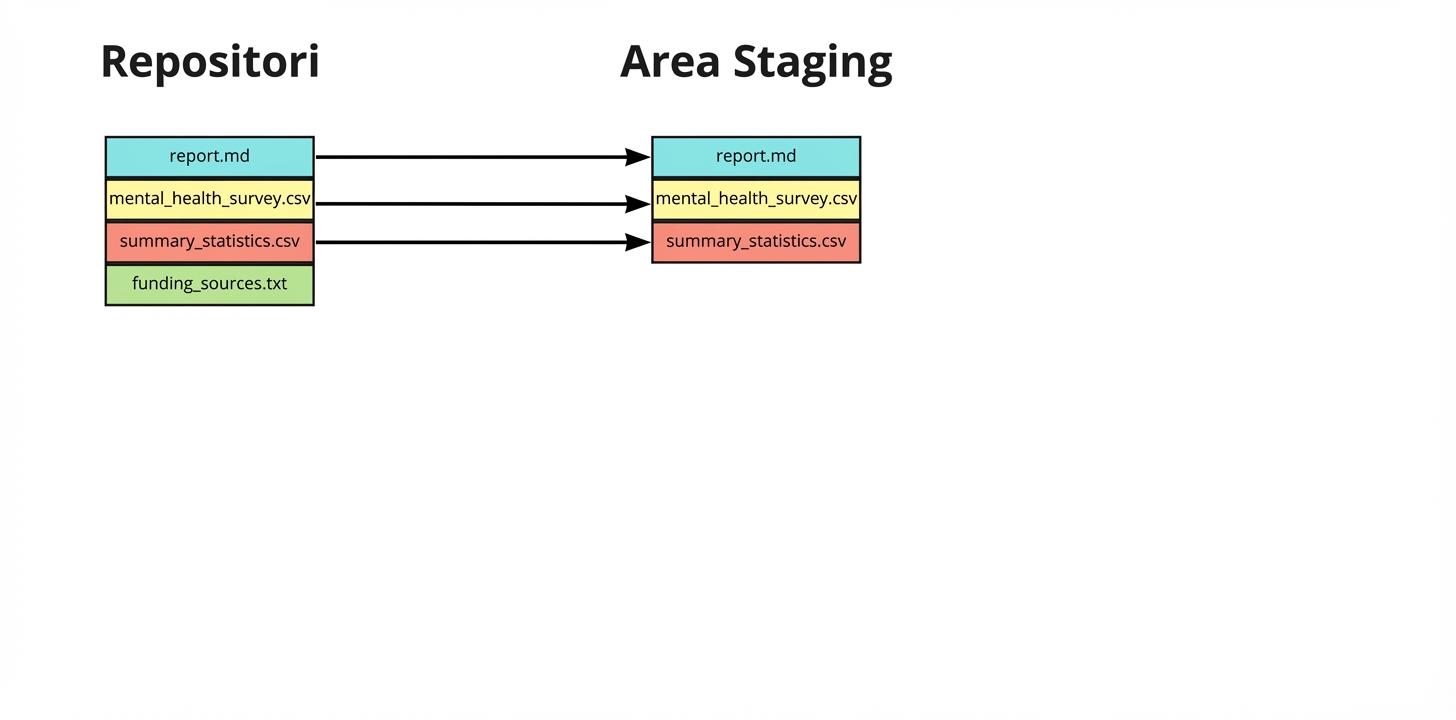 Empat berkas di repo, tiga ditambahkan ke staging area: report.md, mental health survey.csv, dan summary statistics.csv