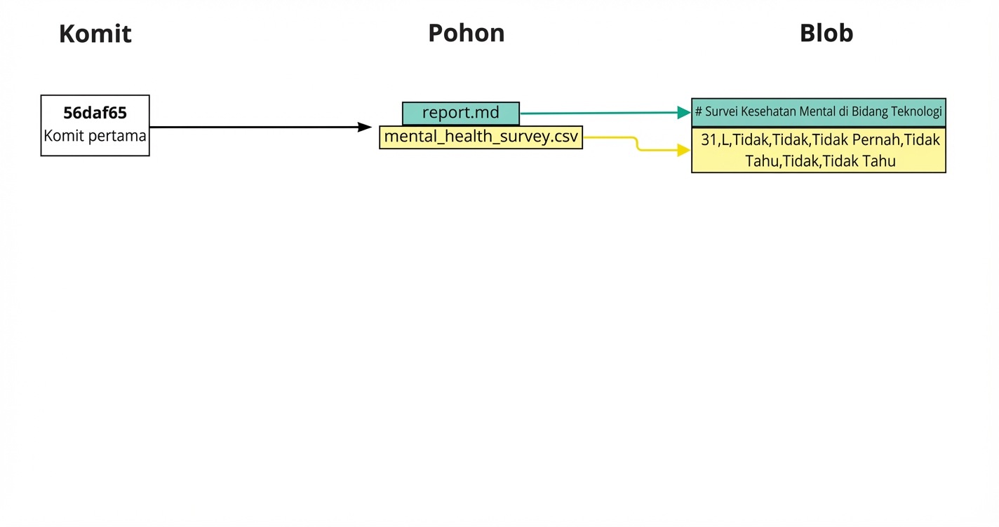 Diagram yang menampilkan commit pertama, menaut ke report dan survei kesehatan mental pada tree, yang menaut ke cuplikan isi tiap berkas pada blob
