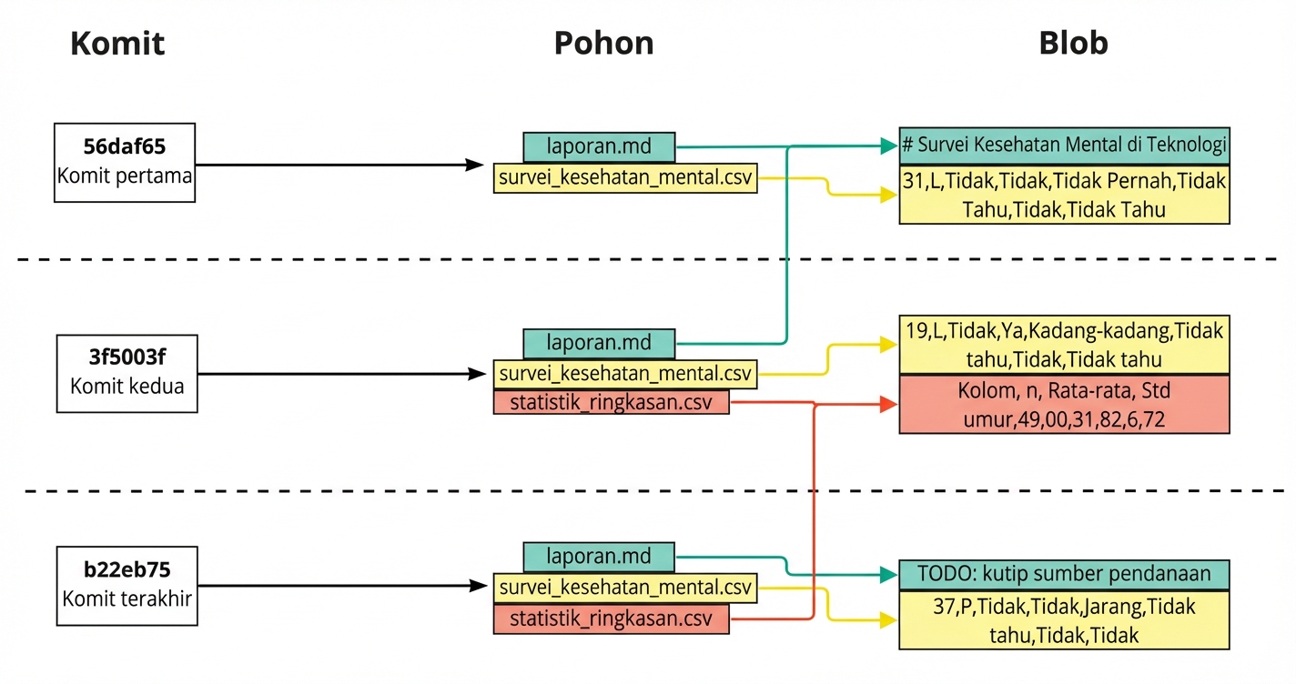 Diagram yang menampilkan tiga commit, dengan file yang dikomit terhubung ke tree, dan tiap file terhubung ke blob dari commit terakhir tempat mereka berada