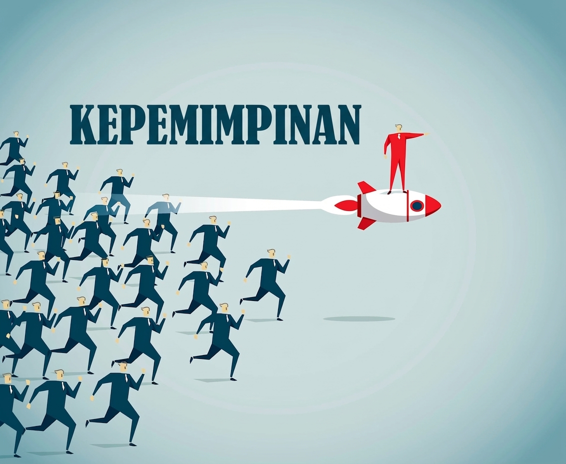 Seorang pria di atas roket memimpin sekelompok pengikutnya.