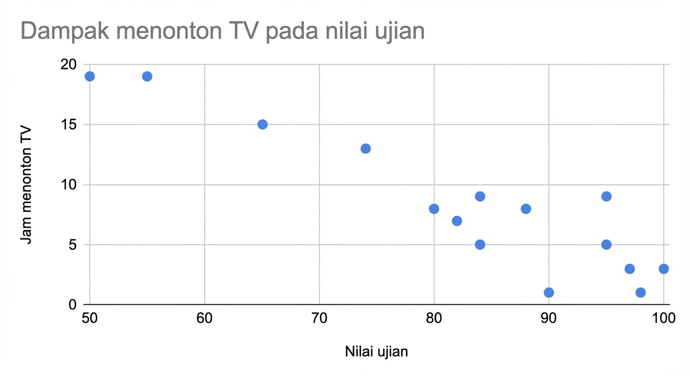 Diagram sebar dari waktu yang digunakan untuk menonton TV versus hasil ujian