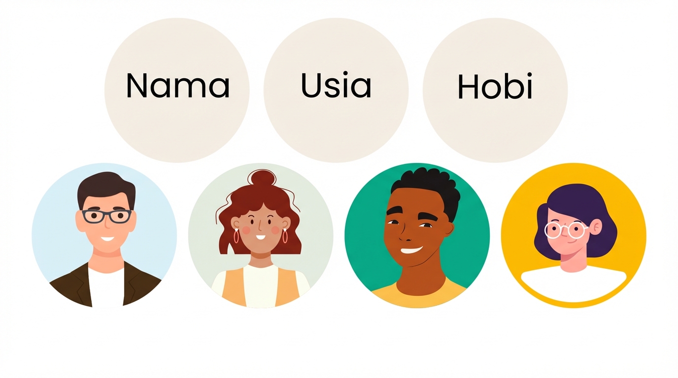 Empat avatar orang dan tiga lingkaran dengan nama, usia, hobi