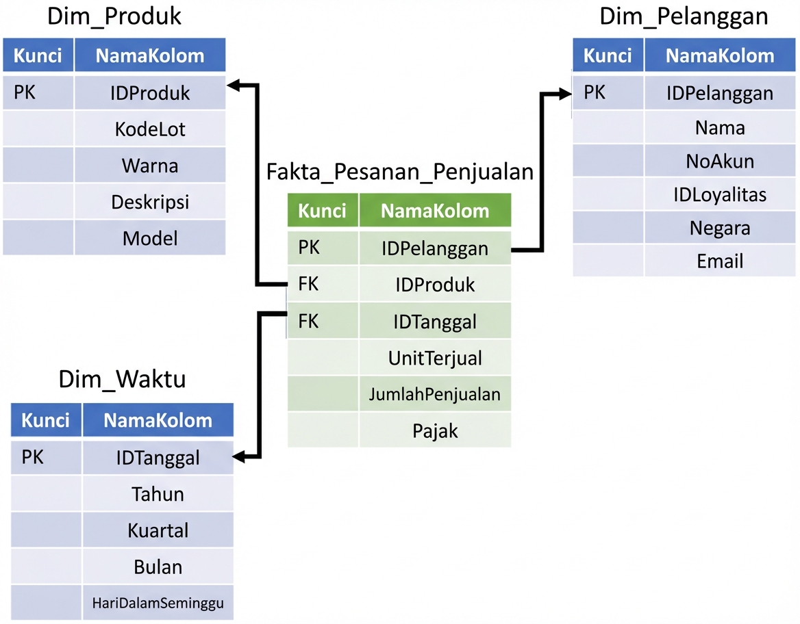 Gambar tabel pesanan penjualan pusat dikelilingi tabel dimensi produk, pelanggan, dan waktu