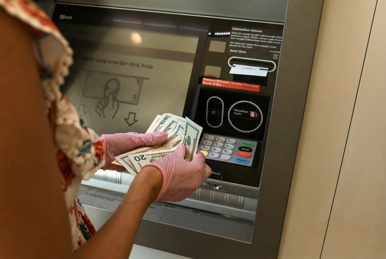 Potret seseorang menerima uang dari mesin ATM