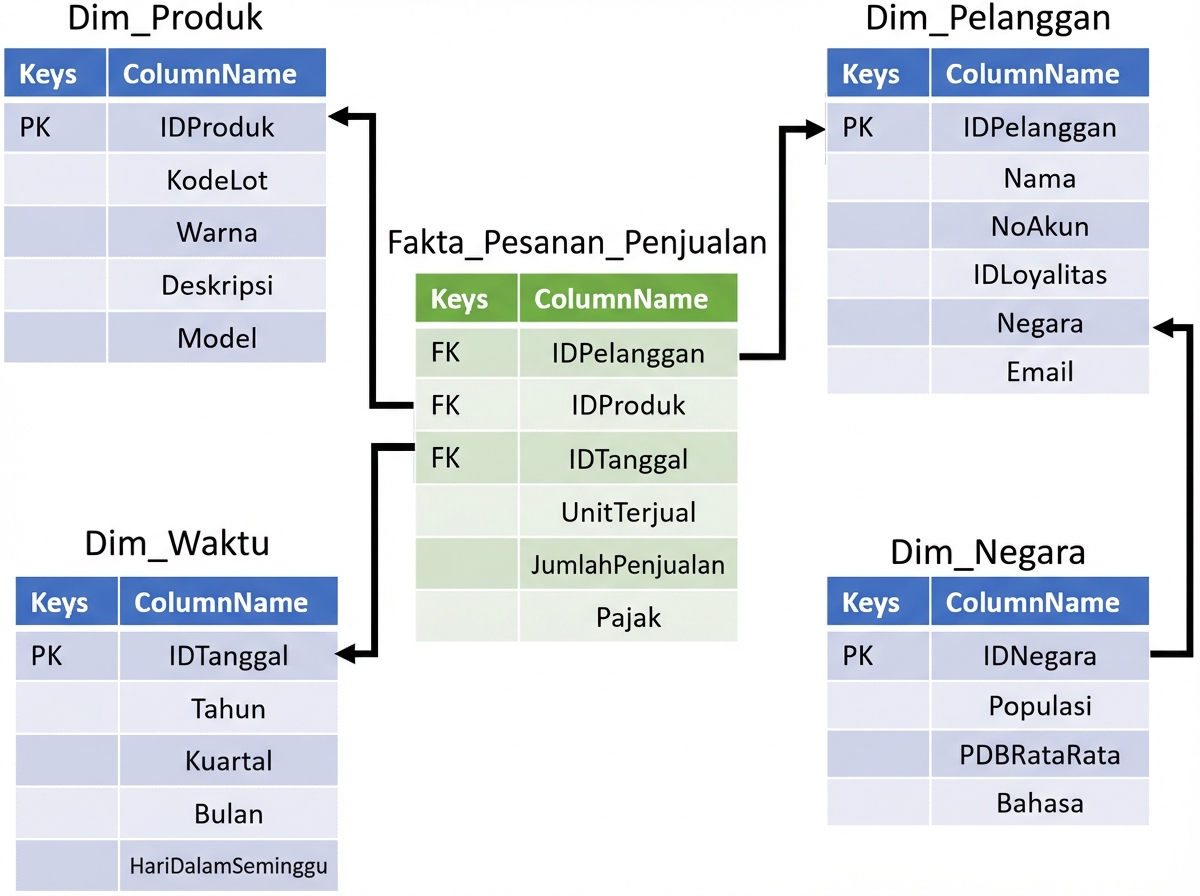 Gambar tabel pesanan penjualan pusat dikelilingi tabel dimensi produk, pelanggan, waktu, dan tabel negara terhubung ke pelanggan