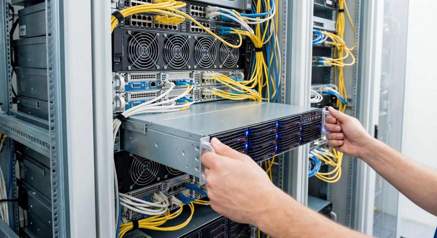 Pemasangan server baru di rak dengan peralatan komputer.