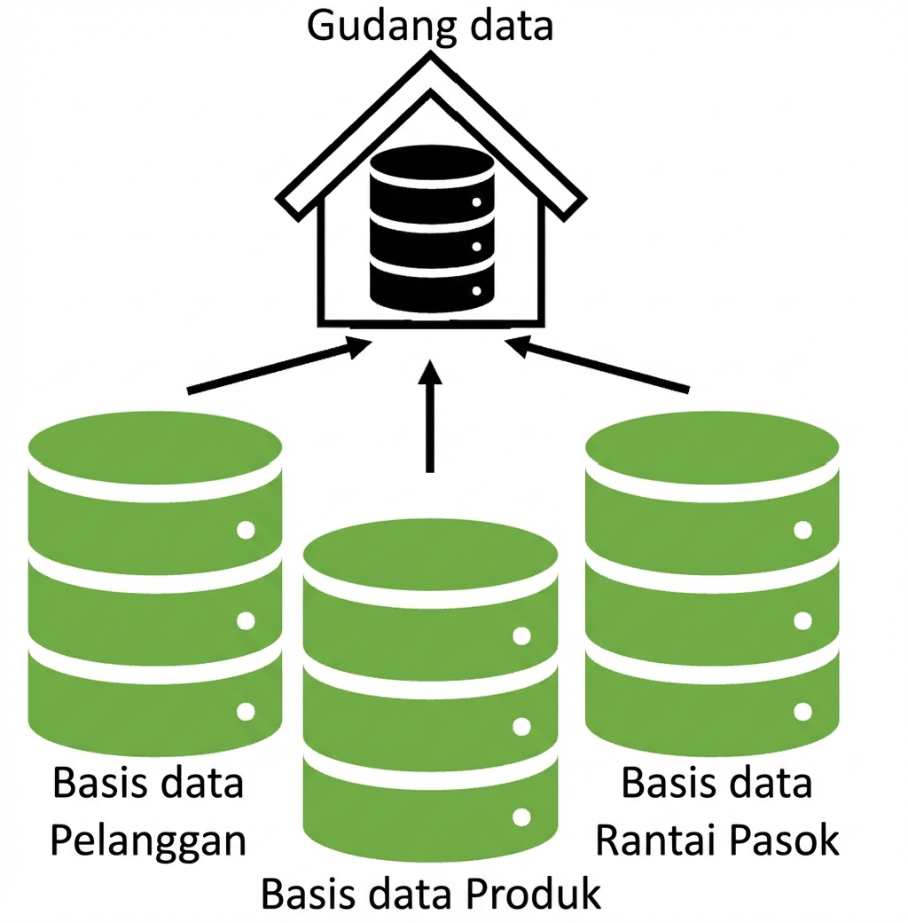 Tiga tabel basis data mengalir ke data warehouse