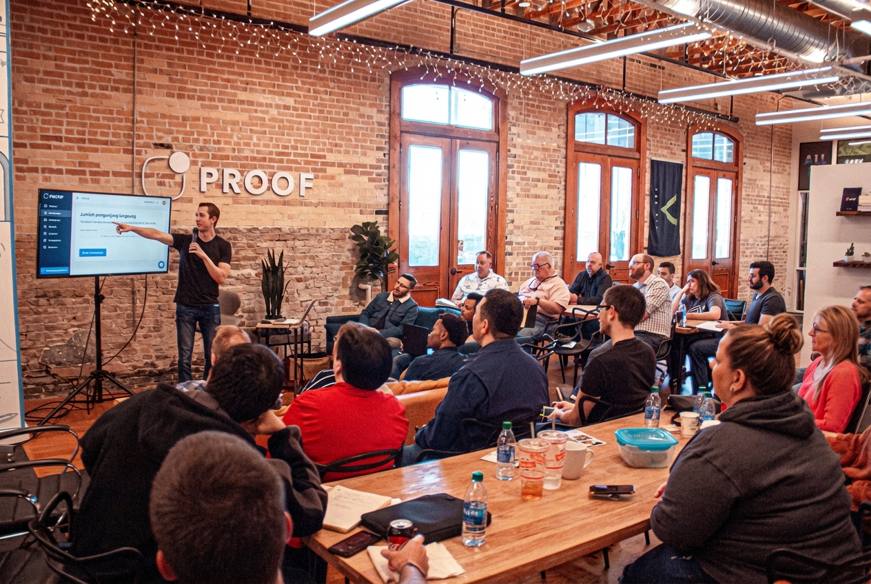 orang menyajikan laporan dari layar datar dalam lingkungan bisnis informal di ruang luas tanpa sekat berdinding bata dan orang berpakaian kasual