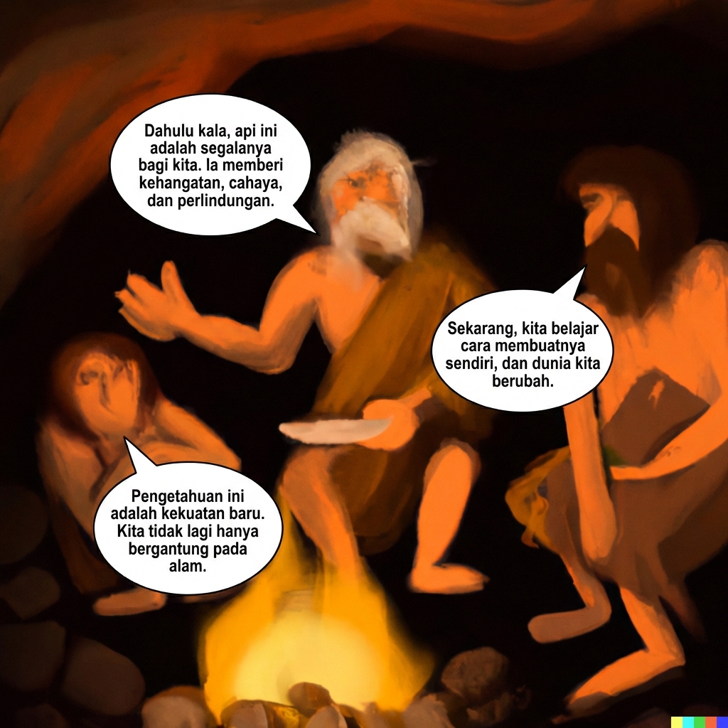 Orang-orang gua duduk mengelilingi api unggun sambil bercerita.