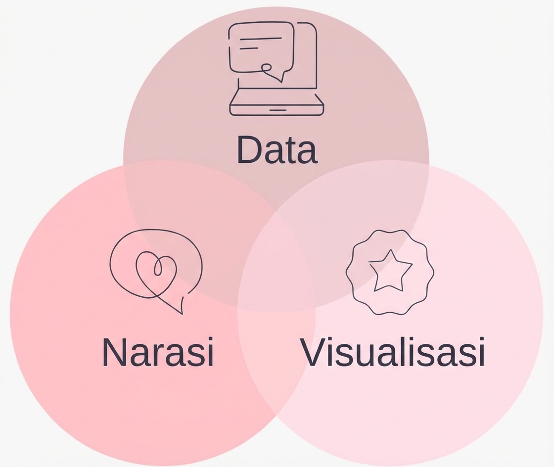Grafik ini menampilkan data, narasi, dan visual yang dipadukan untuk menciptakan cerita data yang baik.