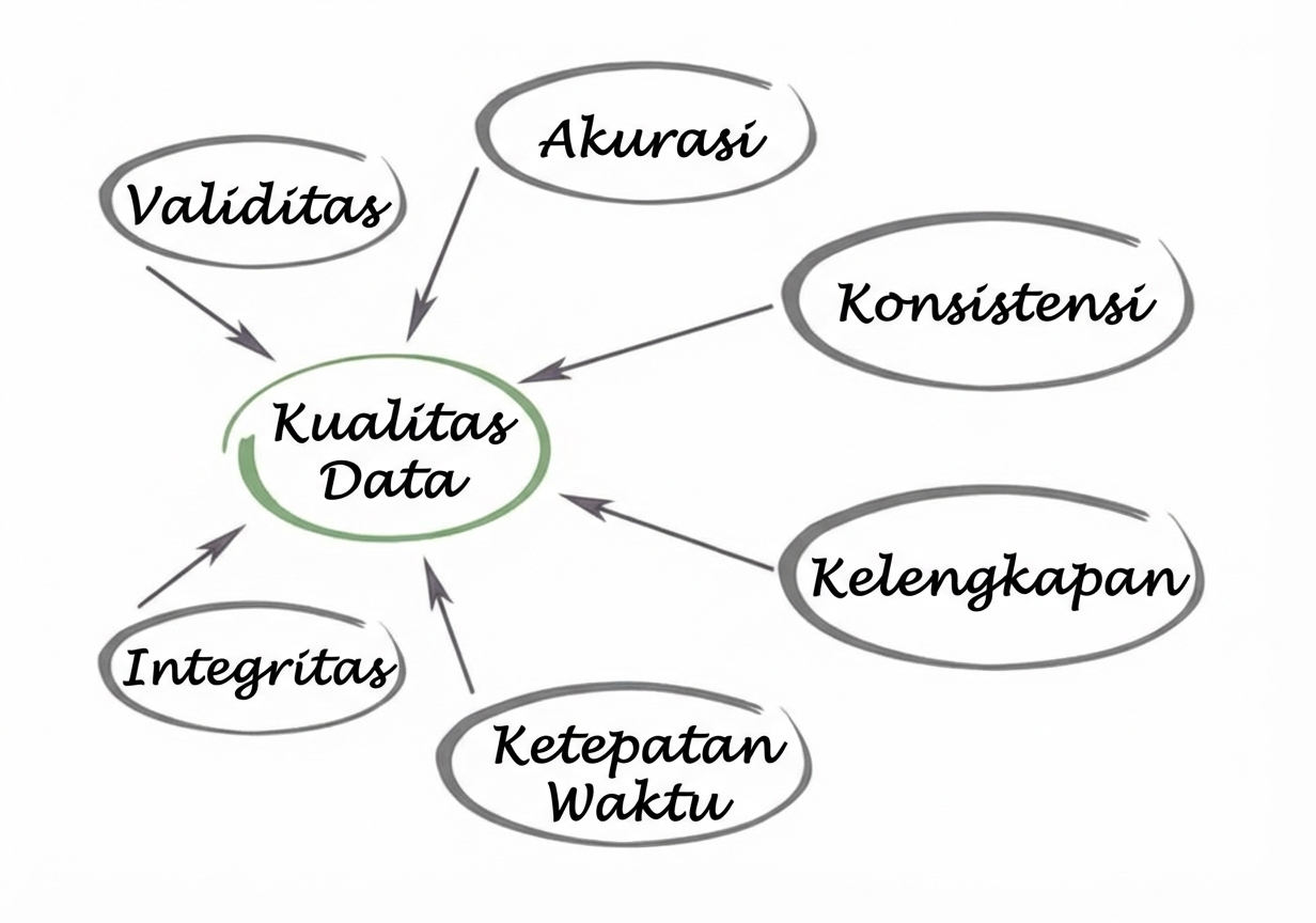 Diagram menampilkan kualitas data di tengah dengan validitas, akurasi, konsistensi, kelengkapan, ketepatan waktu, dan integritas mengarah ke tengah
