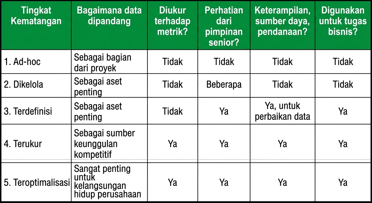 Bagan yang menampilkan berbagai tingkat kematangan manajemen data