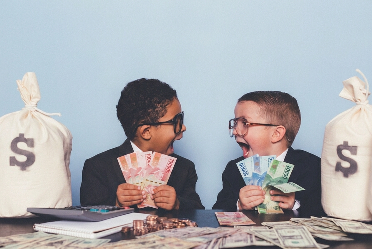Dua anak laki-laki memegang uang dan berteriak kegirangan satu sama lain