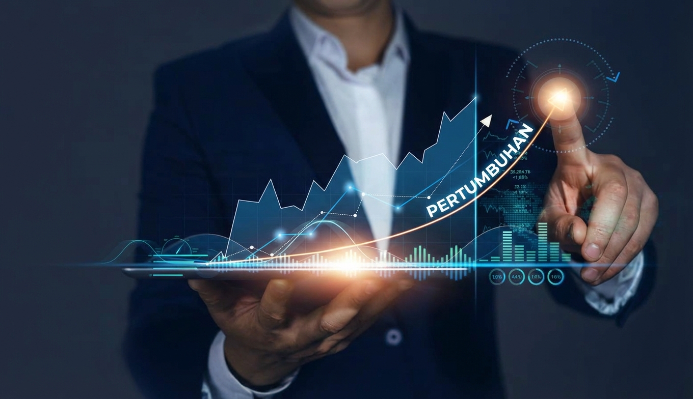 Jari seorang pria menunjuk puncak grafik untuk menunjukkan kinerja meningkat